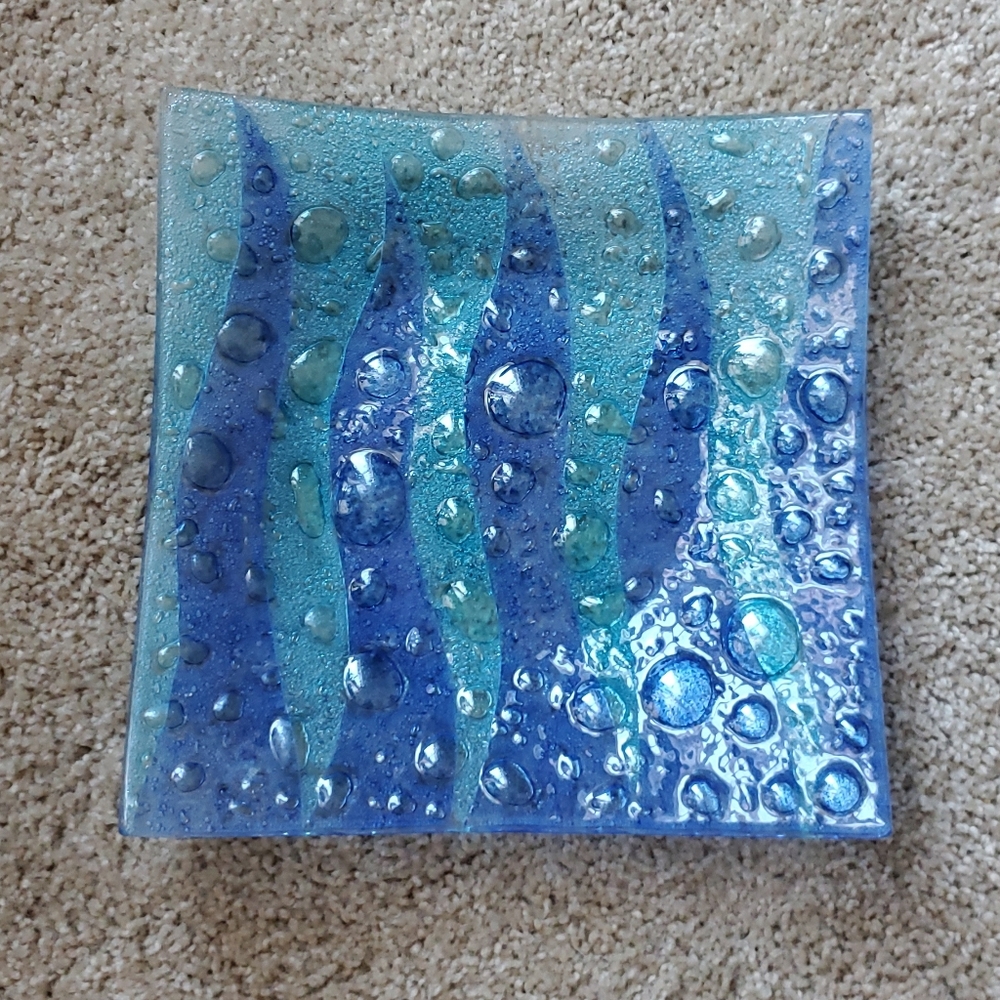 Square Blue Bubble Glass Centerpiece/Candle Holder